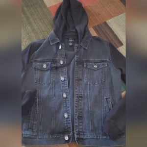 Denim Hooded Jacket With Jersey Sleeves 